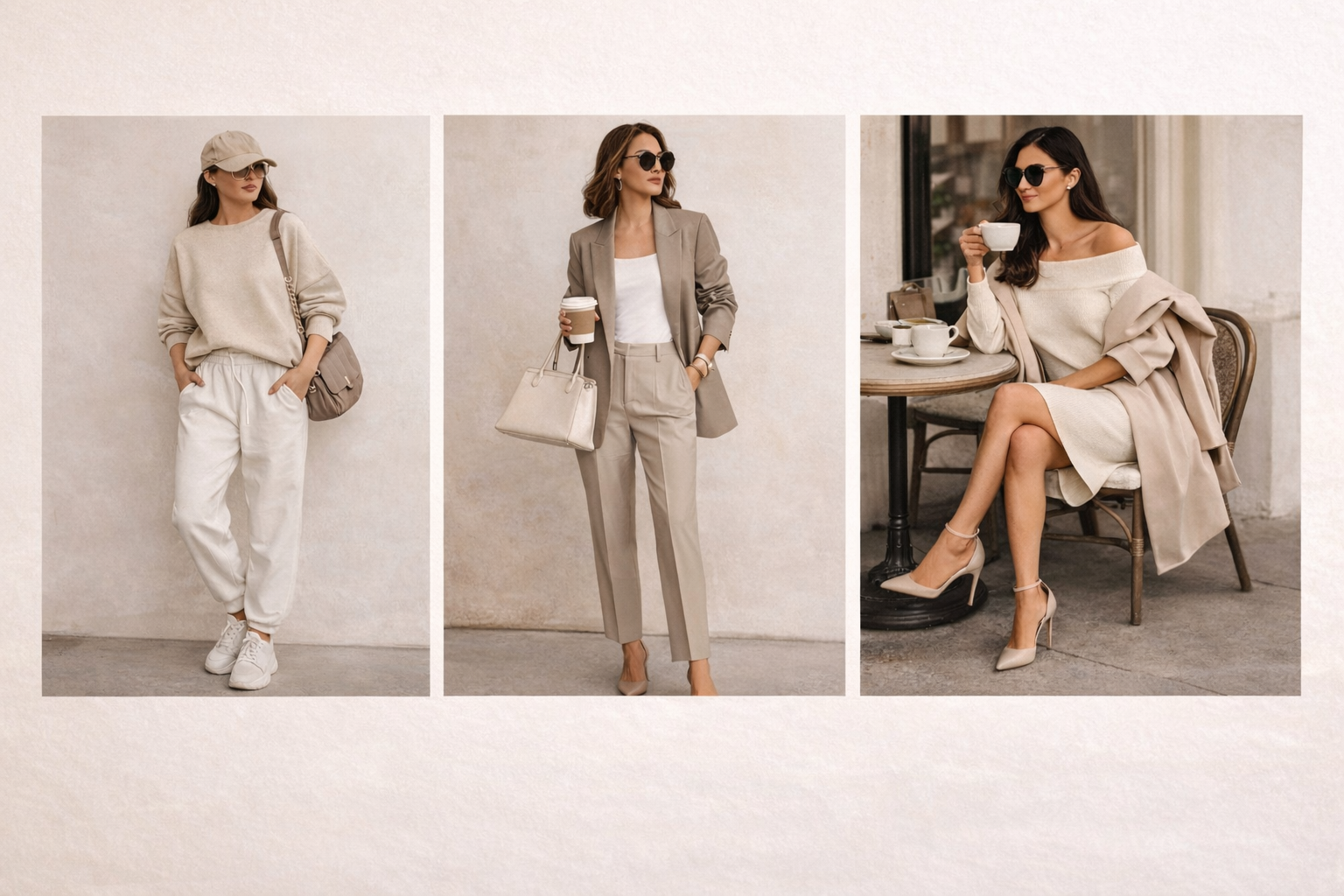 Three different outfits worn by a woman in various settings.