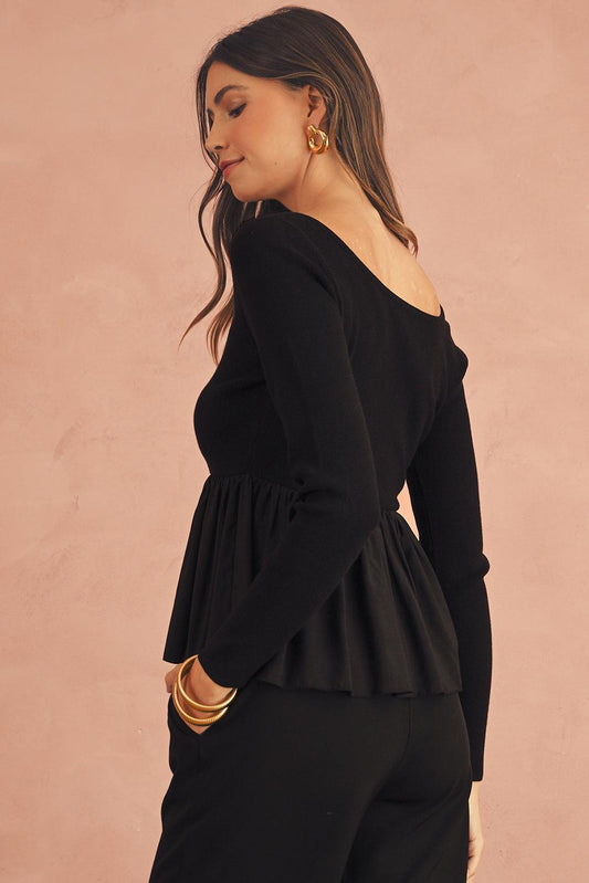 Pleated Hem Long Sleeve Ribbed Knit Women's Black Top - The Smart Wanderer